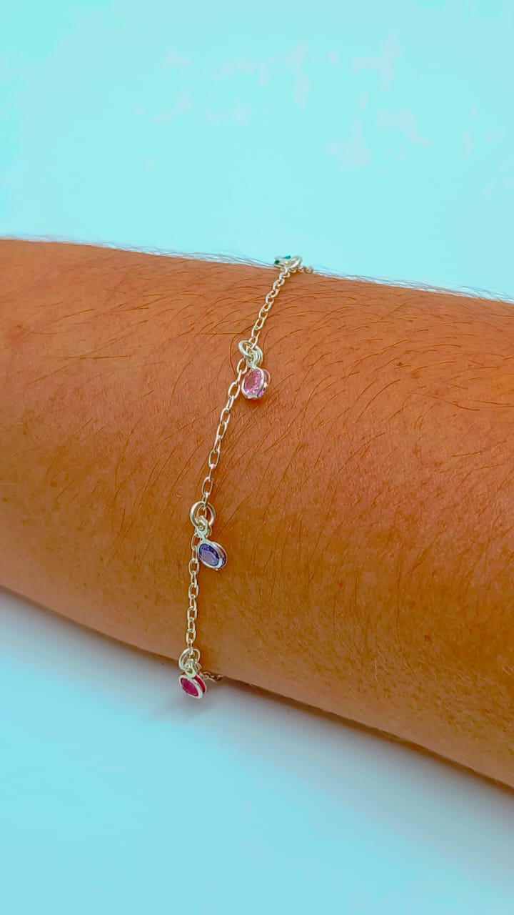 PULSEIRA PRATA COM PINGENTES EM MICROZIRCONIAS COLORIDAS