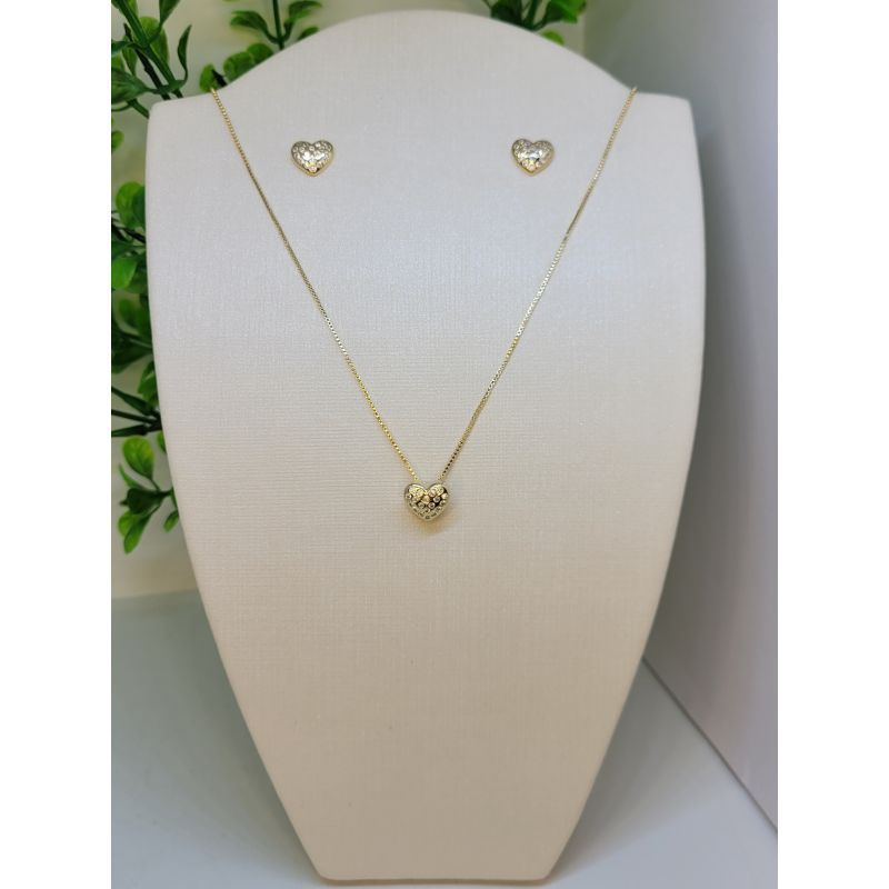 CONJUNTO CORACAO CRAVEJADO DOURADO